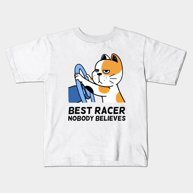 Racer Cat Kids T-Shirt by Onefacecat